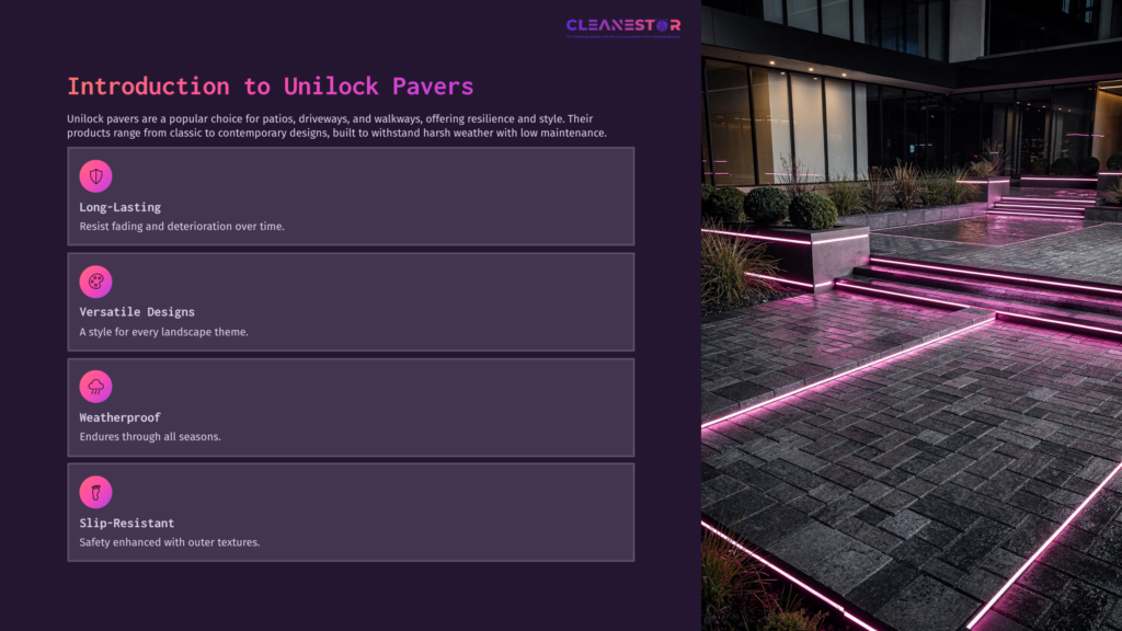 2 Introduction To Unilock Pavers A Modern Outdoor Space Features Unilock Pavers With Pink Led Lights Highlighting The Steps, Surrounded By Greenery And A Sleek Building.