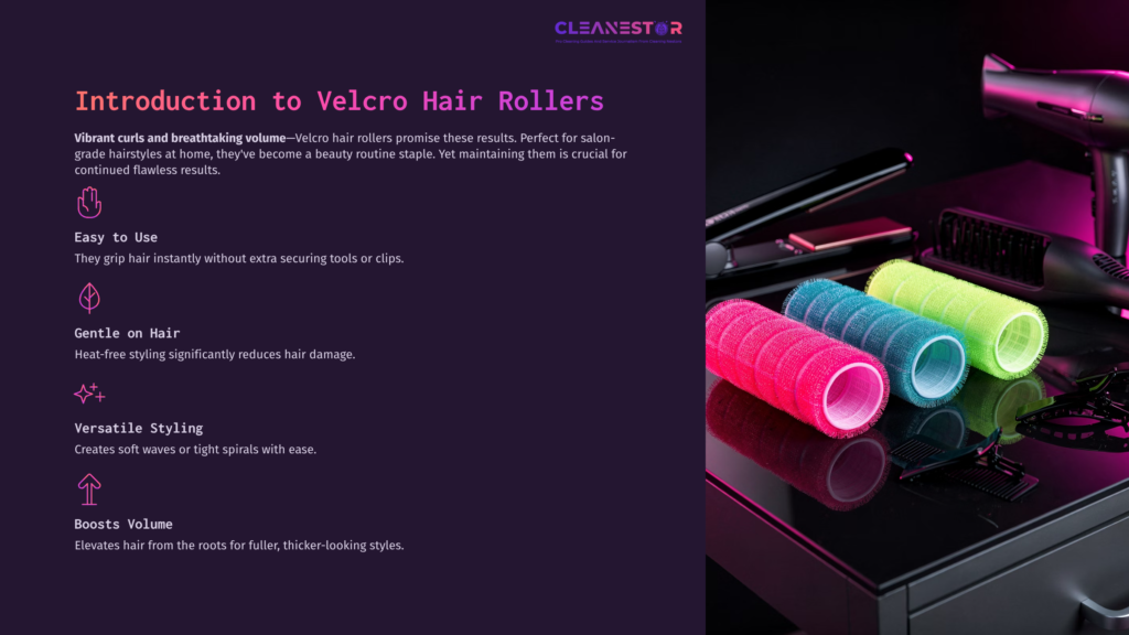 Colorful Velcro Hair Rollers In Pink And Teal Are Arranged Next To Styling Tools On A Sleek Black Surface, Emphasizing Their Vibrant Design.