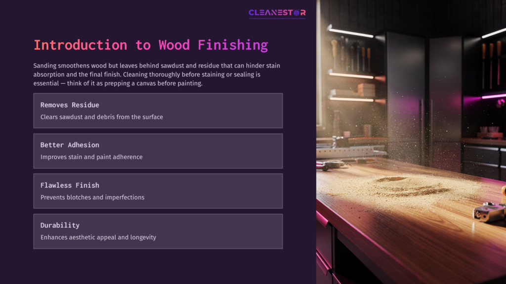 A Wooden Workbench With Sawdust Scattered, Featuring A Modern Kitchen Setup In The Background With Ambient Lighting.