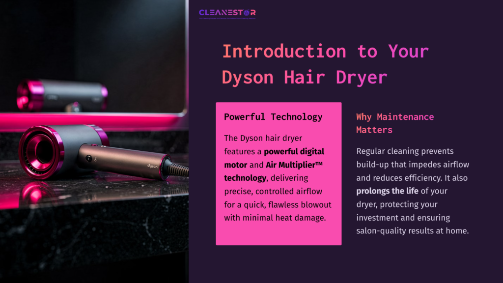 Dyson Hair Dryer With A Sleek Design In Shades Of Dark Gray And Pink, Accompanied By Text On Technology And Maintenance For Optimal Use.