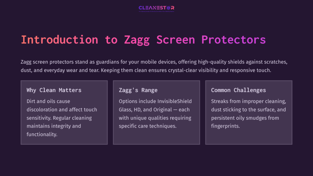 2 Introduction To Zagg Screen Protectors Text On A Dark Background Introduces Zagg Screen Protectors, Highlighting Care Tips, Product Range, And Common Cleaning Challenges.