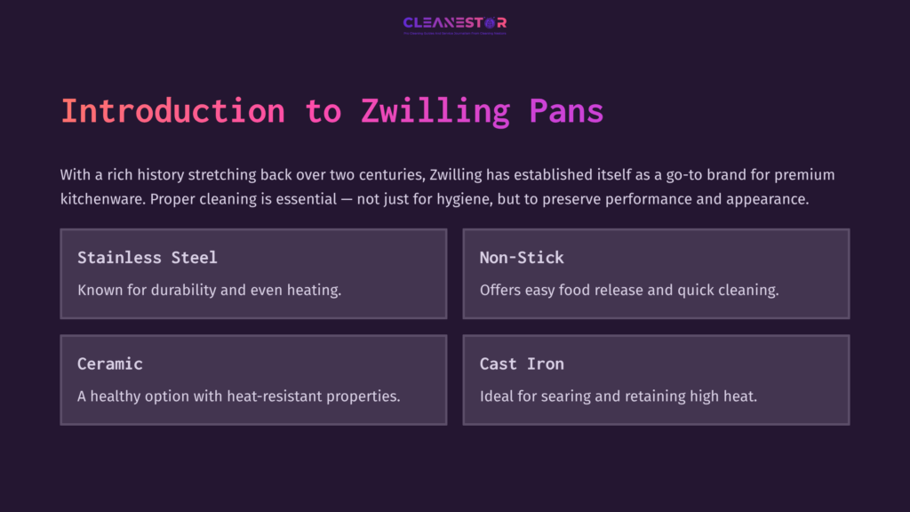 2 Introduction To Zwilling Pans Text Boxes On A Dark Background Outline Zwilling Pan Types: Stainless Steel, Non-Stick, Ceramic, And Cast Iron, With Brief Descriptions.