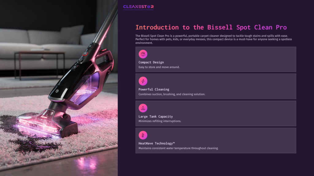 Bissell Spot Clean Pro Cleaner With A Sleek Design, Highlighted In Purple Tones, Showcasing Features Like Compact Size And Powerful Cleaning.