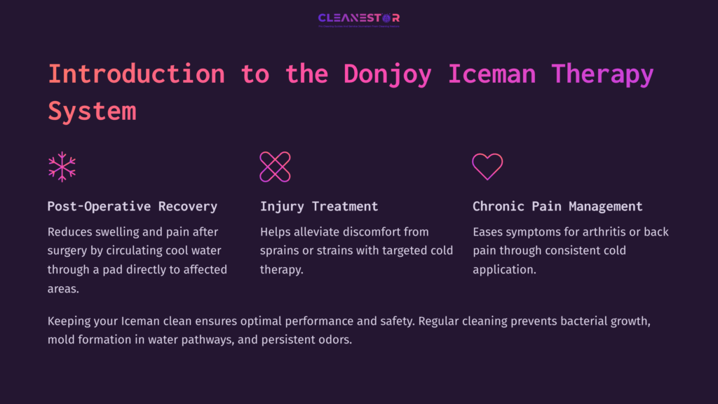 Text On A Dark Background Highlights The Donjoy Iceman Therapy System'S Benefits For Recovery, Injury Treatment, And Chronic Pain Management.
