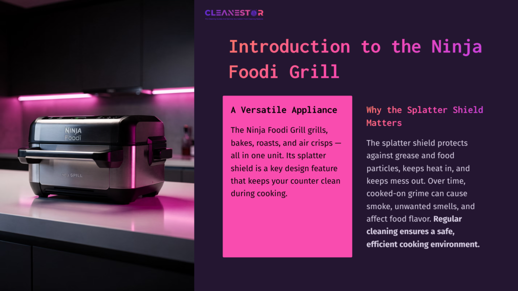 Black Ninja Foodi Grill With A Prominent Splatter Shield, Set Against A Purple-Lit Background, Showcasing A Modern Kitchen Environment.