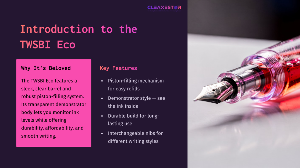 2 Introduction To The Twsbi Eco A Pink Twsbi Eco Fountain Pen With A Visible Piston-Filling Mechanism, Set Against A Dark Purple Background, Highlights Key Features.
