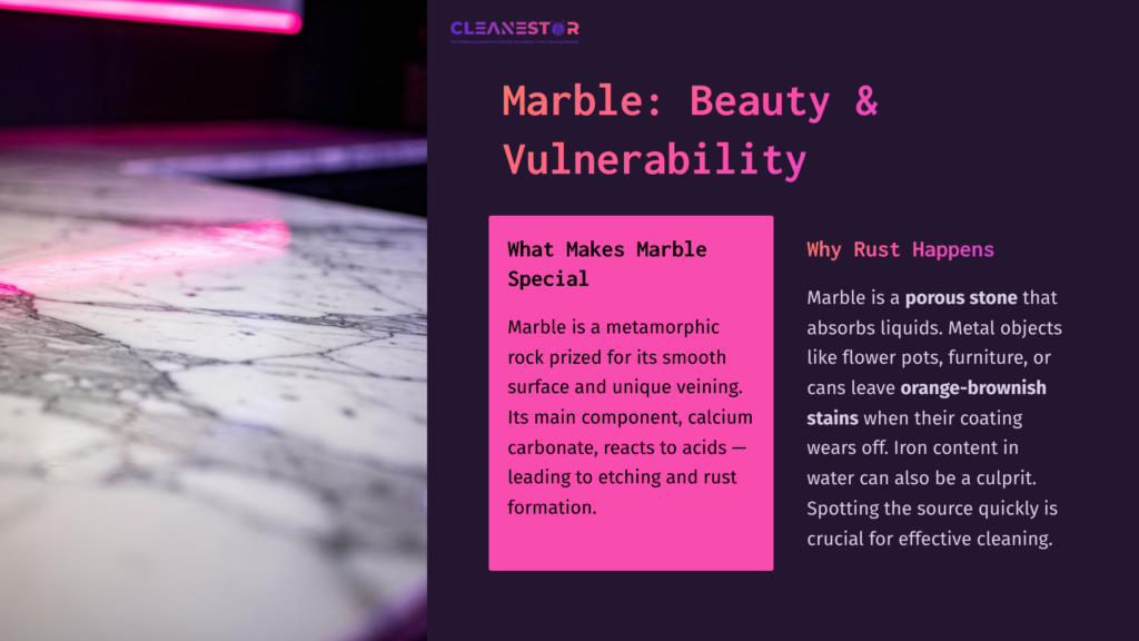 A Close-Up Of A Marble Surface Displaying Rust Stains, With Contrasting Pink And Black Lighting In The Background.