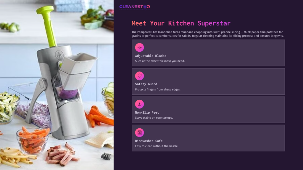 Pampered Chef Mandoline With A Green Handle And Gray Body Beside Key Features: Adjustable Blades, Safety Guard, Non-Slip Feet, Dishwasher Safe.