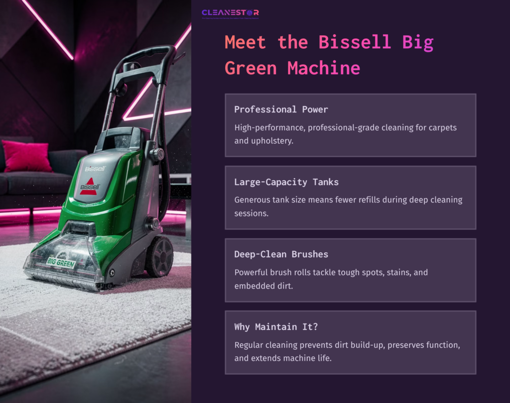 Bissell Big Green Machine Upright Carpet Cleaner, Green With A Black Base, On A Gray Carpet In A Modern, Dimly Lit Room With Pink Accent Lighting.