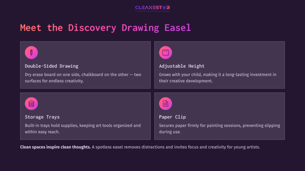 Illustration Displaying A Discovery Drawing Easel With Features: Double-Sided Drawing Surface, Adjustable Height, Storage Trays, And Paper Clip.
