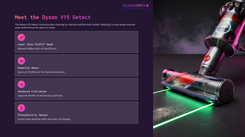A Dyson V15 Detect Vacuum Cleaner With A Laser Head Highlights Dust, Against A Purple Background With Detailed Feature Text.