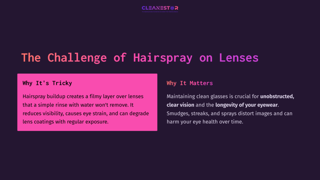 Text On A Dark Purple Background Highlights The Challenge Of Hairspray On Lenses, With Key Points In Pink And White.