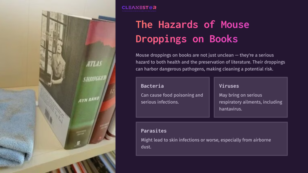 2 The Hazards Of Mouse Droppings On Books Stack Of Colorful Books On A Shelf With A Prominent Title, Alongside A Bulletin Detailing Hazards Of Mouse Droppings.