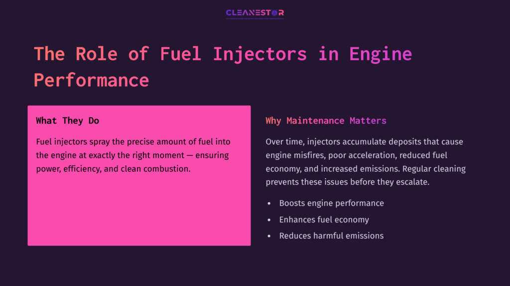 Text On A Dark Background Outlines The Function Of Fuel Injectors, Emphasizing Maintenance Benefits Like Improved Performance And Reduced Emissions.