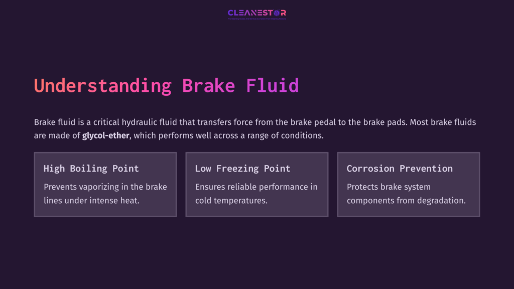 2 Understanding Brake Fluid Text On A Dark Purple Background Explains Brake Fluid Properties: High Boiling Point, Low Freezing Point, And Corrosion Protection.
