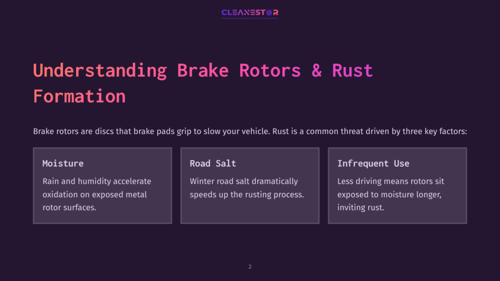 2 Understanding Brake Rotors And Rust Formation A Dark Purple Background With White And Pink Text Outlining The Factors Contributing To Brake Rotor Rust: Moisture, Road Salt, And Infrequent Use.