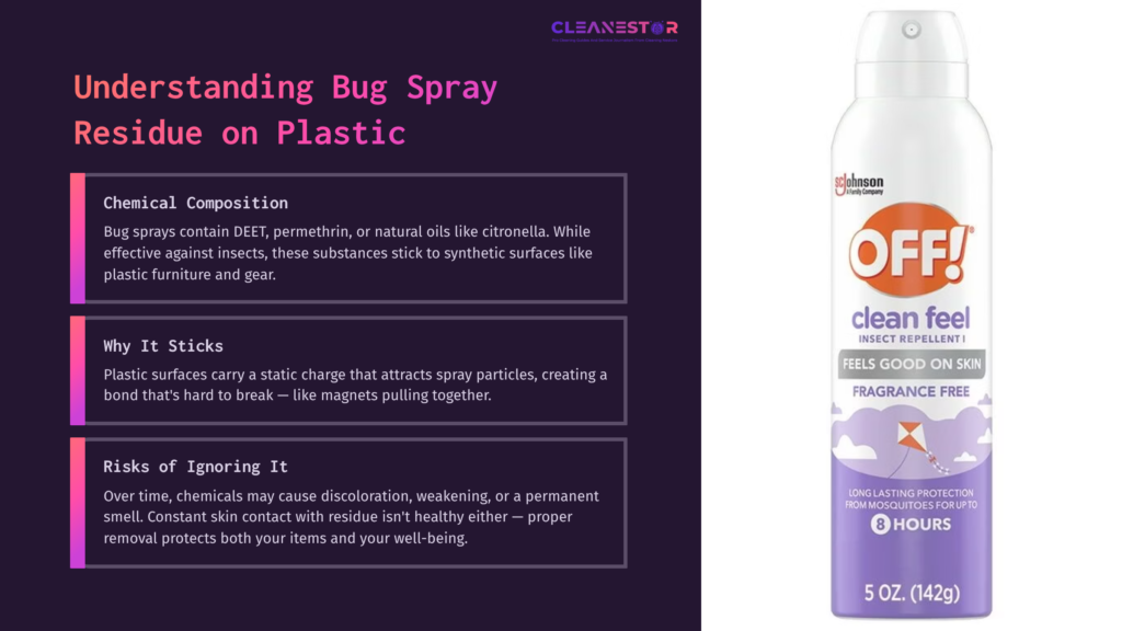 A Spray Can Labeled &Quot;Cleanster&Quot; With A Lavender Design, Next To Text About Cleaning Bug Spray Residue From Plastic Surfaces.