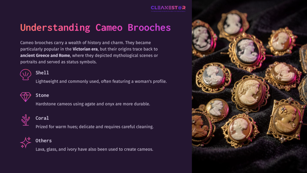 Cameo Brooches Displayed On A Dark Fabric, Featuring Intricate Profiles In Various Materials Like Stone, Coral, And Lava.