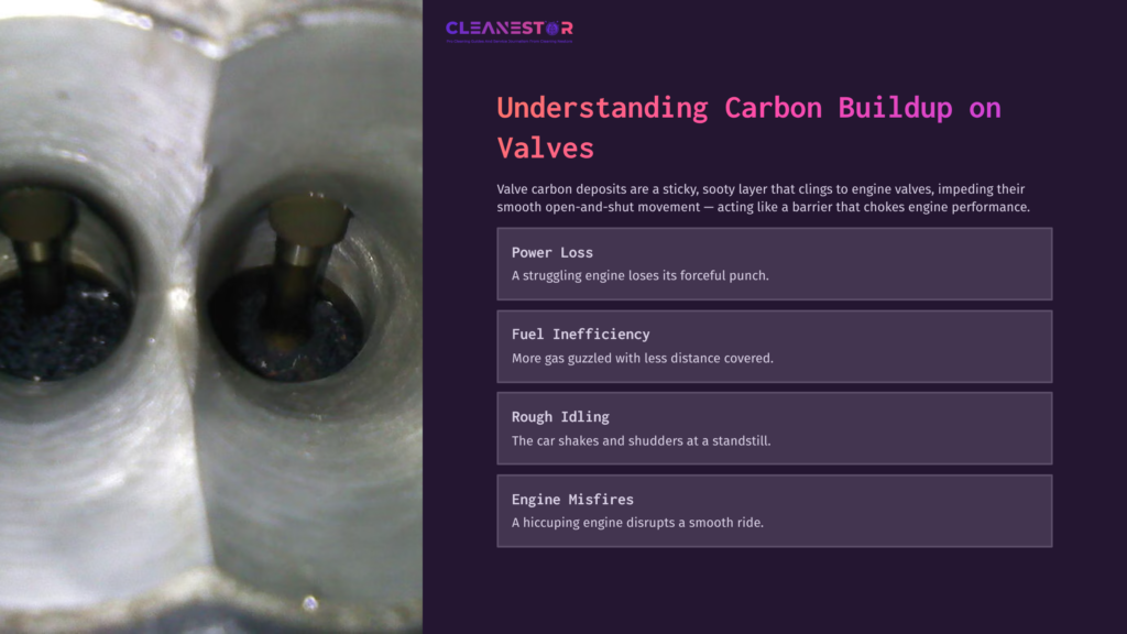 Close-Up Of Engine Valves Showing Carbon Buildup, With Text Highlighting Issues: Power Loss, Fuel Inefficiency, Rough Idling, And Misfires.