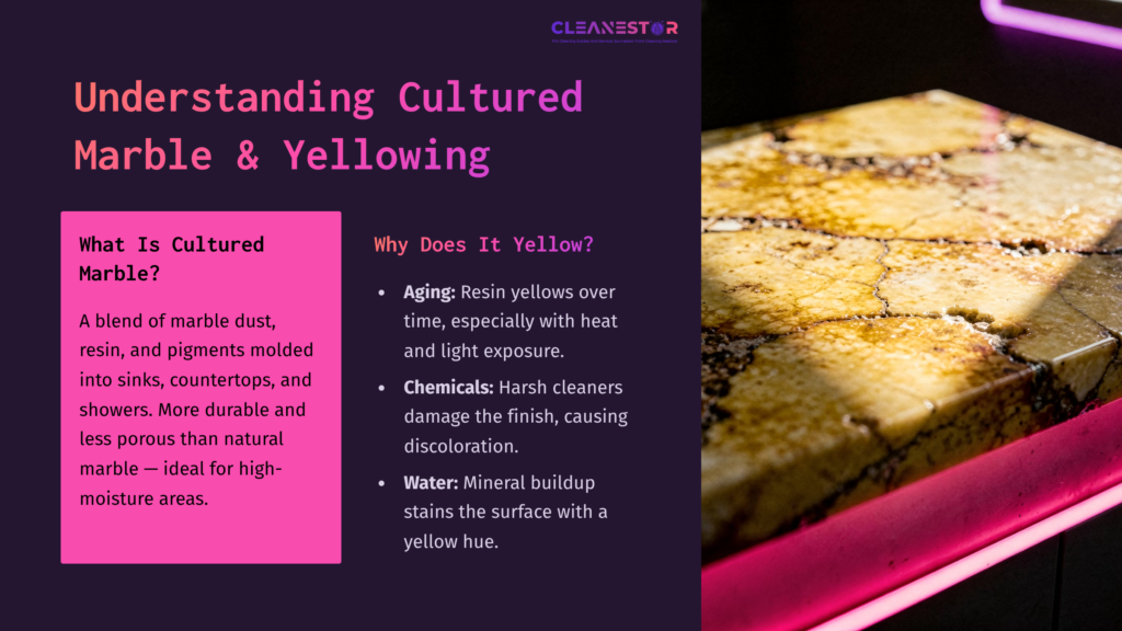 Close-Up Of A Yellowed Cultured Marble Surface With A Shiny Finish, Featuring Pink Lighting And Text About Cleaning And Yellowing Causes.
