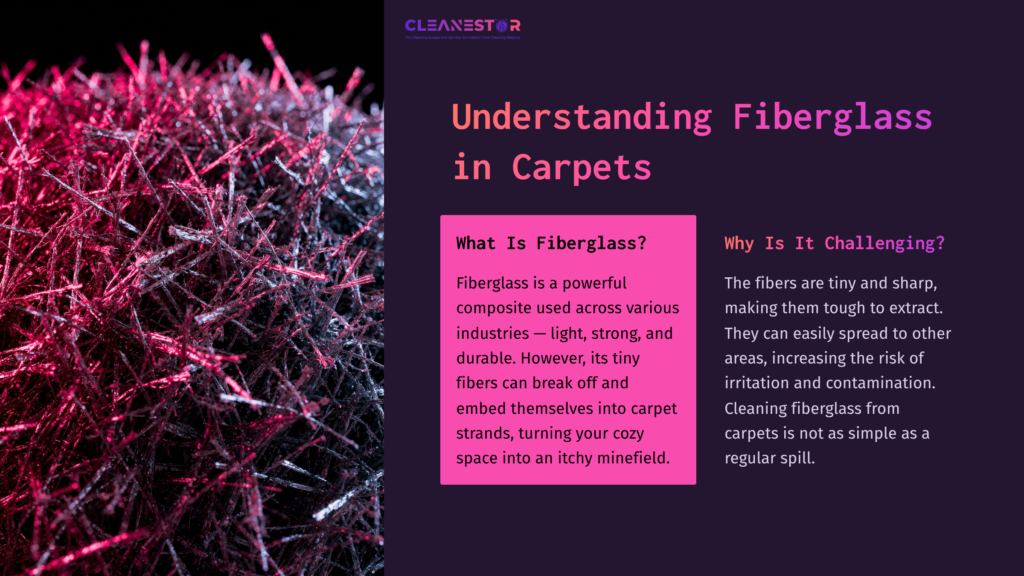 Close-Up View Of Pink And Purple Fiberglass Strands With Text Explaining Its Properties And Challenges In Carpet Cleaning.