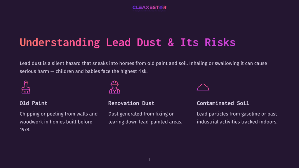 Text Highlights Risks Of Lead Dust: Old Paint, Renovation Dust, And Contaminated Soil, With Icons And A Purple Background.