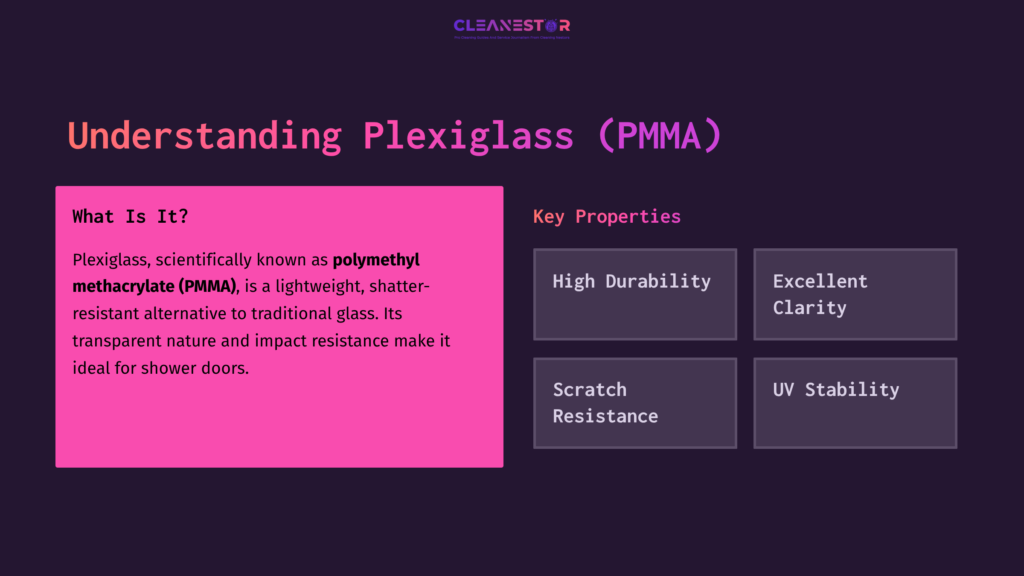Bright Pink Text Outlines The Definition And Properties Of Plexiglass (Pmma), Set Against A Dark Purple Background With White Text Boxes Highlighting Key Features.