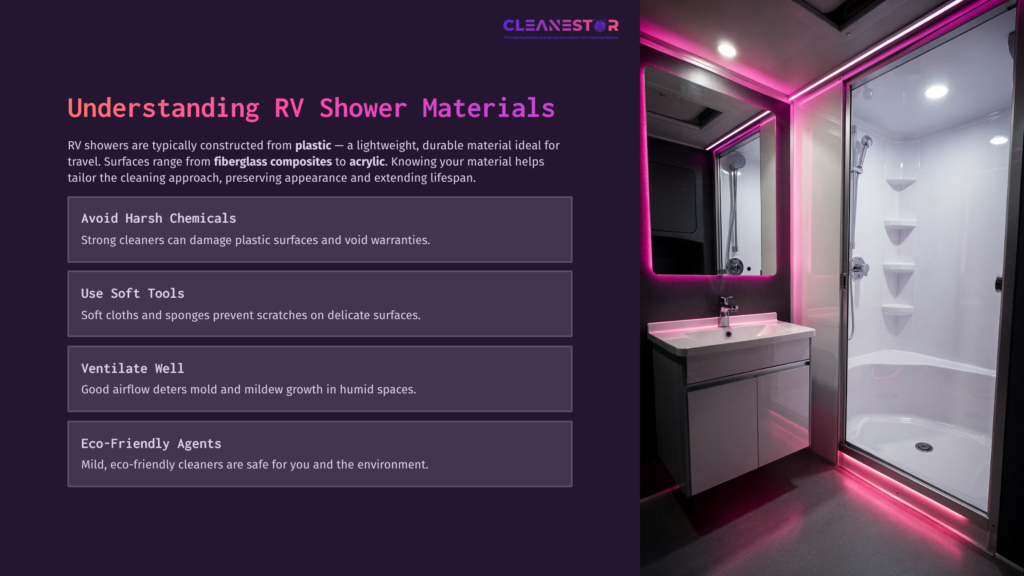 Modern Rv Shower With A Sleek Design, Featuring A Bright Pink Light Strip, A Clean White Sink, And Instructional Text On Cleaning Tips.