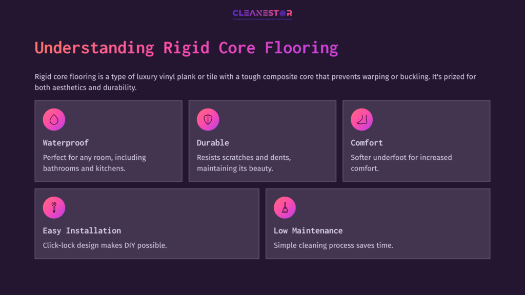 Five Highlighted Features Of Rigid Core Flooring Arranged In A Grid: Waterproof, Durable, Comfort, Easy Installation, And Low Maintenance, With Icons.