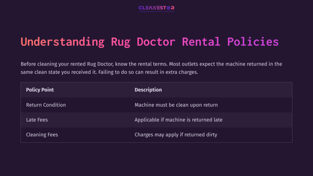 Table Outlining Rug Doctor Rental Policies, With Headings In White And Descriptions In Light Gray On A Dark Purple Background.