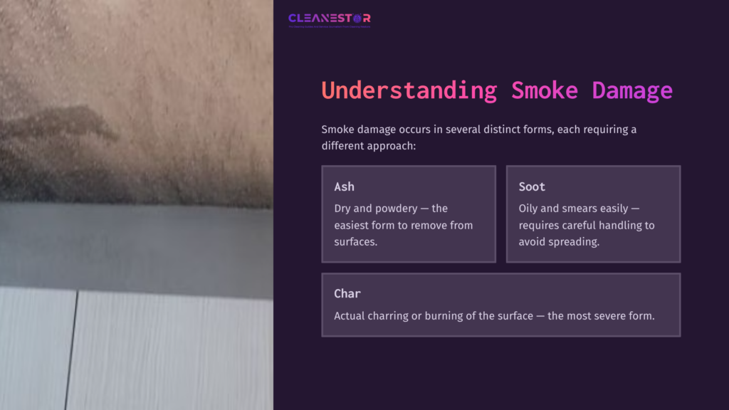 Close-Up Of A Wall Showing Smoke Damage With Ash Stains, Accompanied By Purple Text Explaining Types Of Smoke Damage And Cleaning Methods.