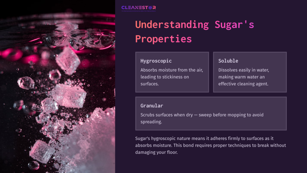 Close-Up Of Sugar Crystals In Water, With Text Explaining Sugar’s Properties: Hygroscopic, Soluble, And Granular. Dark Background.