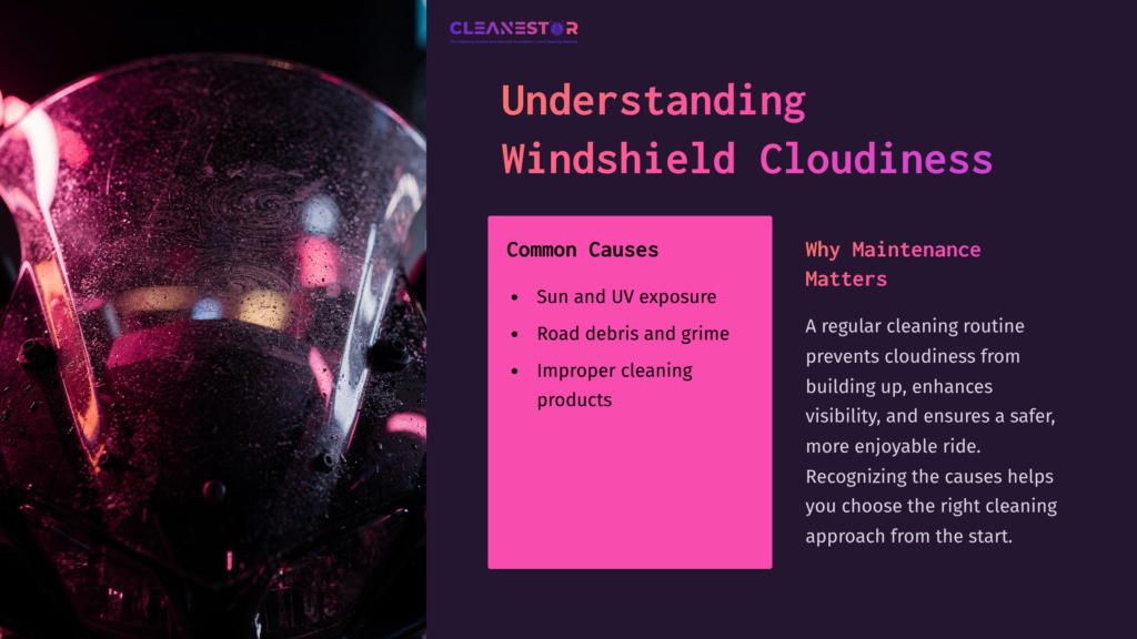 2 Understanding Windshield Cloudiness Close-Up Of A Cloudy Motorcycle Windshield With Raindrops, Overlaid With Text About The Causes Of Windshield Cloudiness And Maintenance Tips.