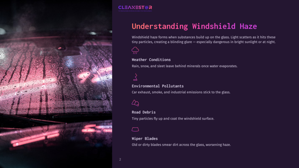 A Dark Purple Background With White Text Outlines Causes Of Windshield Haze, While A Wet Windshield Reflects Pink And Purple Lights.
