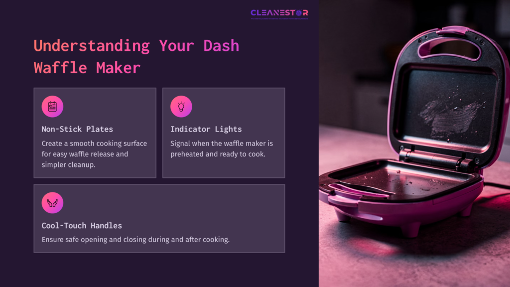 Purple Dash Waffle Maker With A Non-Stick Surface, Indicator Lights, And Cool-Touch Handles, Set On A Dark Countertop.