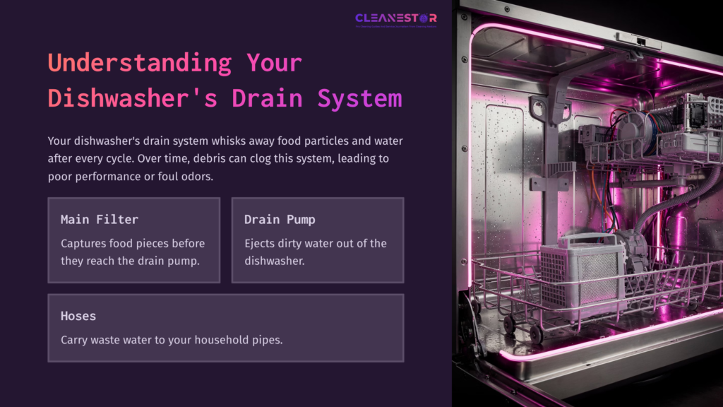 Illustration Of A Dishwasher Interior Highlighting The Main Filter, Drain Pump, And Hoses With A Purple Background And Bright Accents.