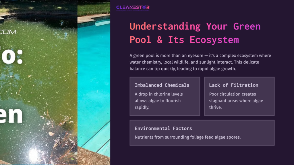 2 Understanding Your Green Pool And Its Ecosystem Split View Of A Green Pool On One Side And Clear Blue Water On The Other, With Text Highlighting Pool Cleaning Challenges And Ecology.