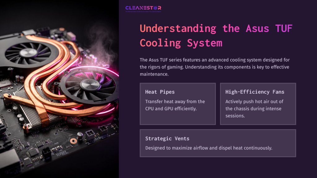 Graphic Featuring A Close-Up Of Asus Tuf Cooling Components, Showcasing Heat Pipes, Fans, And Strategic Vents With Vibrant Pink Highlights.
