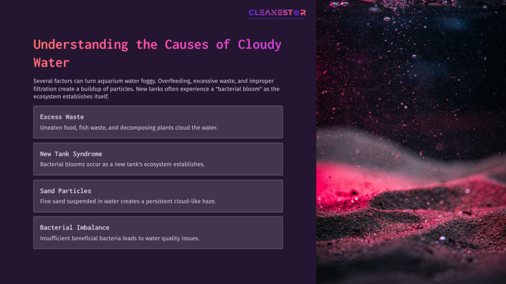 Close-Up Of A Sandy Aquarium Floor With Pink Lighting And Bubbles, Illustrating The Causes Of Cloudy Water In Fish Tanks.