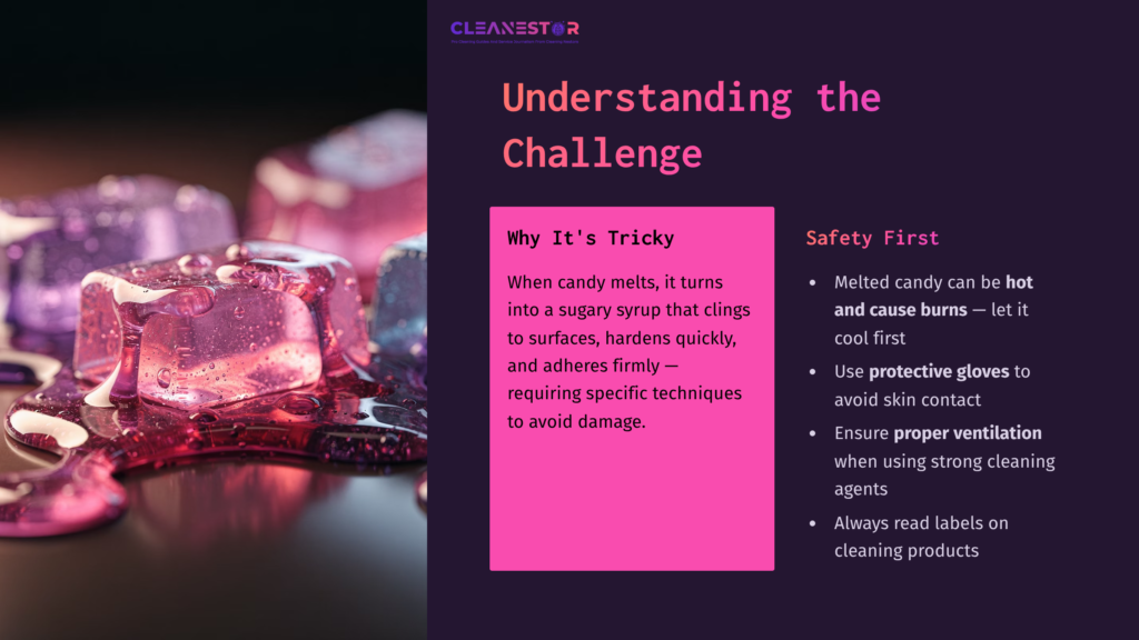 Colorful, Melted Jolly Ranchers In Shades Of Purple And Pink On A Dark Surface; Text Discusses Cleaning Challenges And Safety Tips.