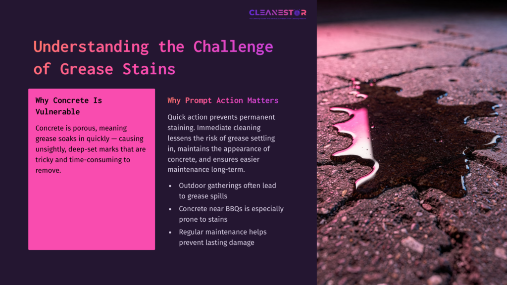 A Close-Up View Of Concrete With A Greasy Stain Pooled On The Surface, Highlighted Against A Dark Background With Text On The Side.