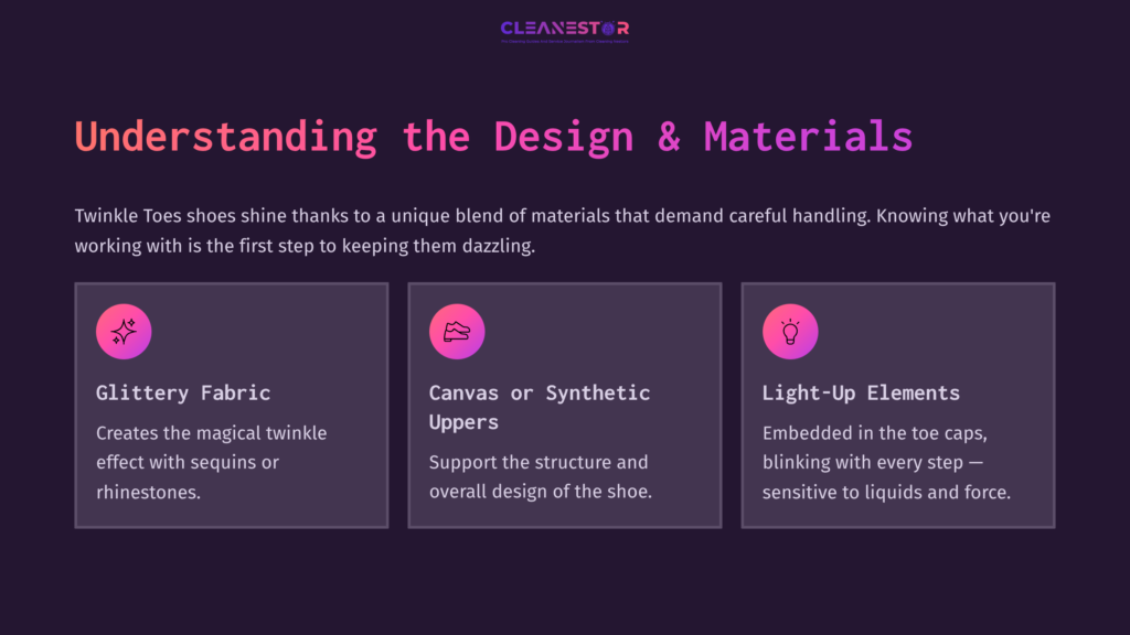 Informative Layout With A Dark Background, Featuring Three Pink Boxes. Each Box Highlights Shoe Materials: Glittery Fabric, Canvas/Synthetic Uppers, And Light-Up Elements.