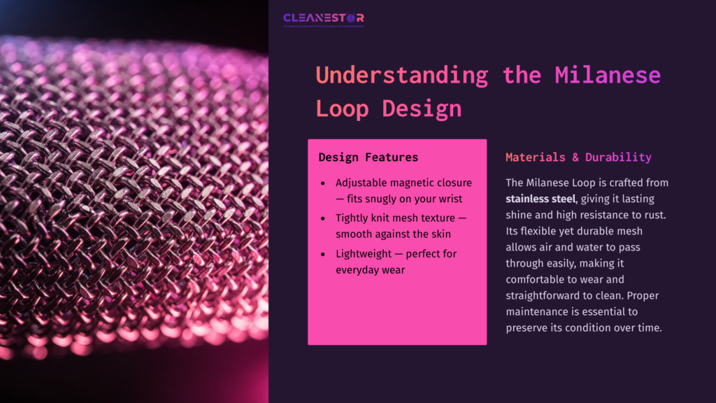 Close-Up Of A Metallic Milanese Loop With A Textured, Woven Design. Background Features Pink And Purple Gradient For Contrast.