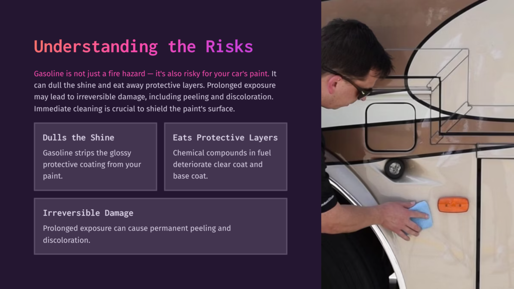 A Person Cleaning A Car'S Surface With A Blue Cloth, Alongside Text Boxes Outlining Risks Of Gasoline Exposure On Car Paint.