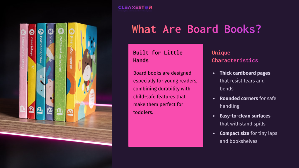 Five Colorful Board Books Are Displayed On A Shelf, With Bright Covers And Playful Illustrations, Emphasizing Their Child-Friendly Design.