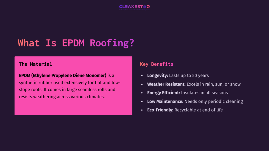2 What Is Epdm Roofing Text On A Dark Purple Background Explains Epdm Roofing, Highlighting Its Longevity, Weather Resistance, Energy Efficiency, Low Maintenance, And Eco-Friendliness.