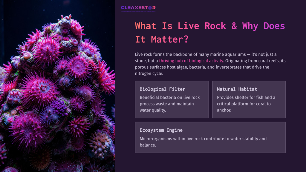 Vibrant Purple Live Rock With Coral And Marine Organisms, Accompanied By Text Highlighting Its Ecological Importance And Functions.