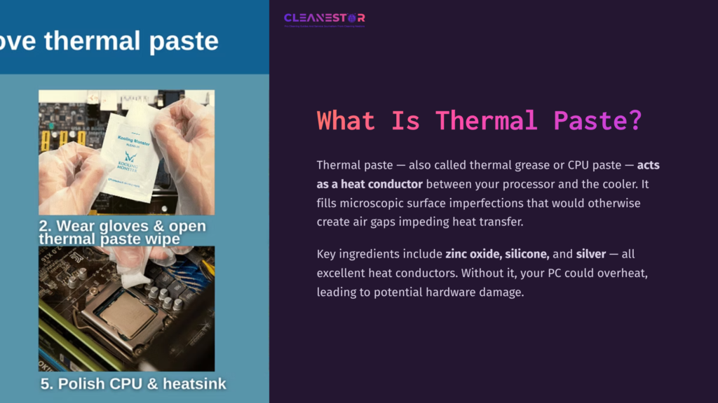 Two Hands Applying A Cleaning Wipe To A Motherboard With A Heatsink, Against A Purple Background With Text About Thermal Paste.
