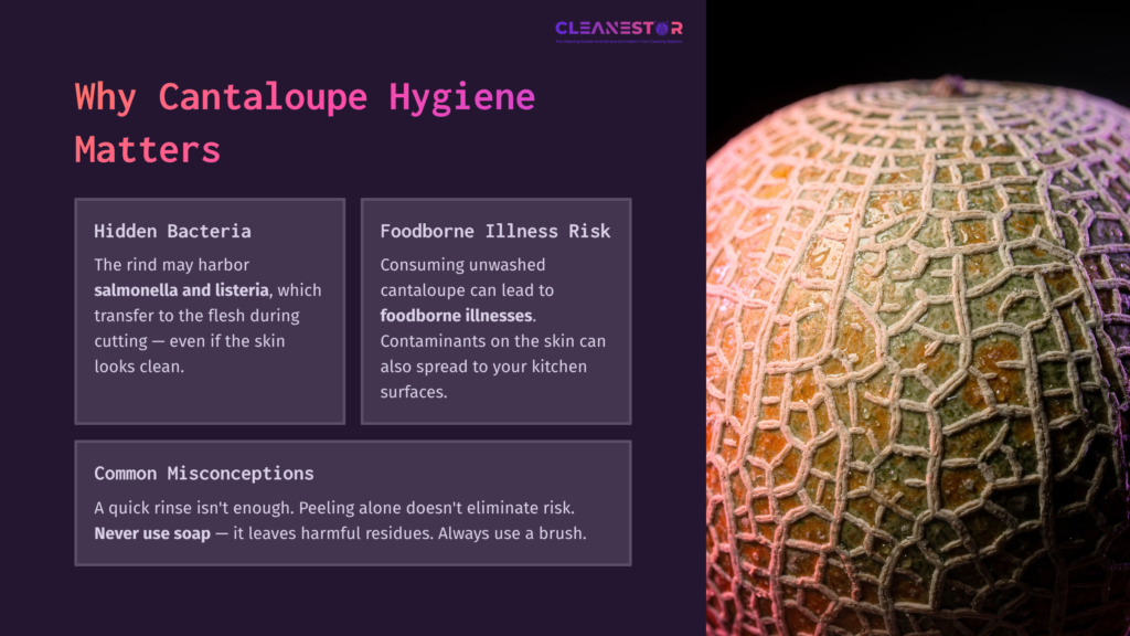 Close-Up Of A Cantaloupe’s Textured Skin With A Purple Background, Featuring Text About Bacterial Risks And Cleaning Tips.