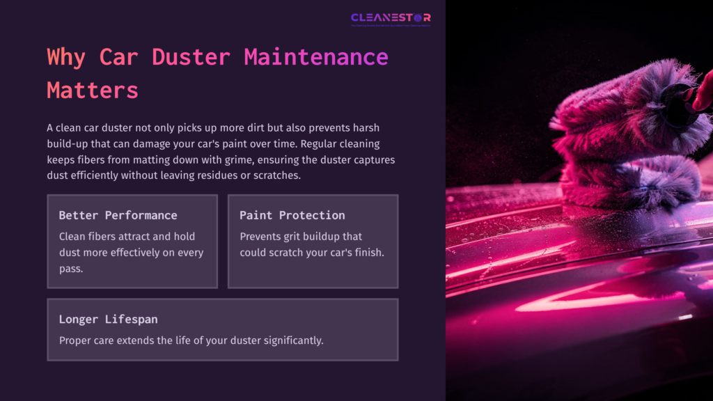 A Glossy Car Surface Reflects Pink Light, With A Car Duster Prominently Displayed, Emphasizing Maintenance Importance.